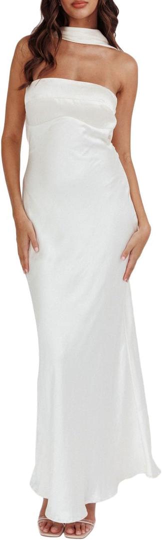 Women's Summer Satin Strapless Tube Top Maxi Dress Elegant Silk Backless Halter Neck Formal Party Dresses Wedding Guest (Medium, White)