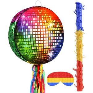 Aoriher Disco Party Pinata, Roller Skating Pinata with Blindfold Mask, Stick, Confetti & Colorful Square Decor, Ideal for 80s 90s Themed Birthdays, Weddings, Festivals & KTV