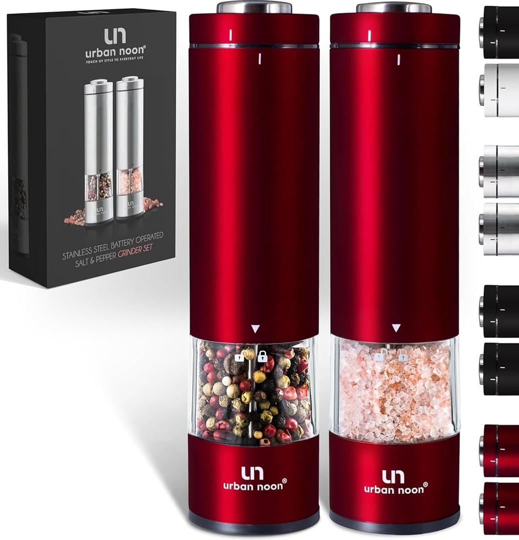 Electric Salt and Pepper Grinder Set - 2 Battery Operated Stainless Steel Mills with Light (Elegant Red Burgundy) - Automatic One Handed Operation - Electronic Adjustable Shakers - Ceramic Grinders (Set of 2 - Battery Operated-UN8)