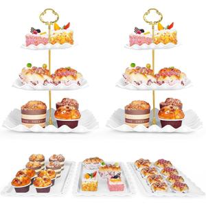 5 Pcs Dessert Table Display Set - 2 Pcs 3-Tier Dessert Display Stands & 3 Pcs Serving Tray - Dessert Trays Dessert Stands Treat Table Displays Set for Tea Parties,Birthdays & Baby Showers (White)