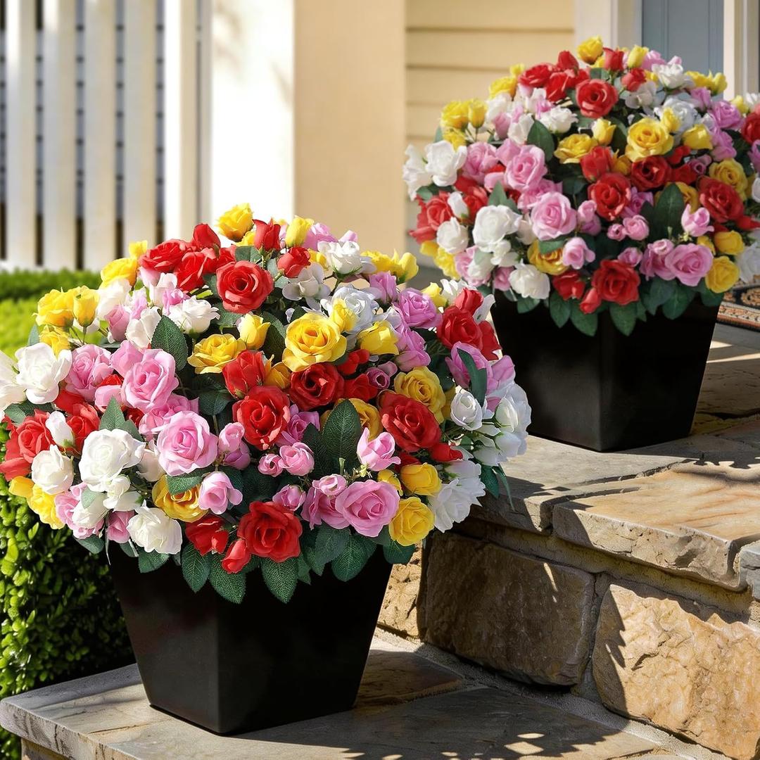 8 Bundles Artificial Roses for Front Door Outdoor Decor, Realistic Fake Silk Bouquets Flowers Faux UV Resistant Real Looking Rose Plants for Garden Farmhouse Home Spring Summer Decor (Mixed Color)