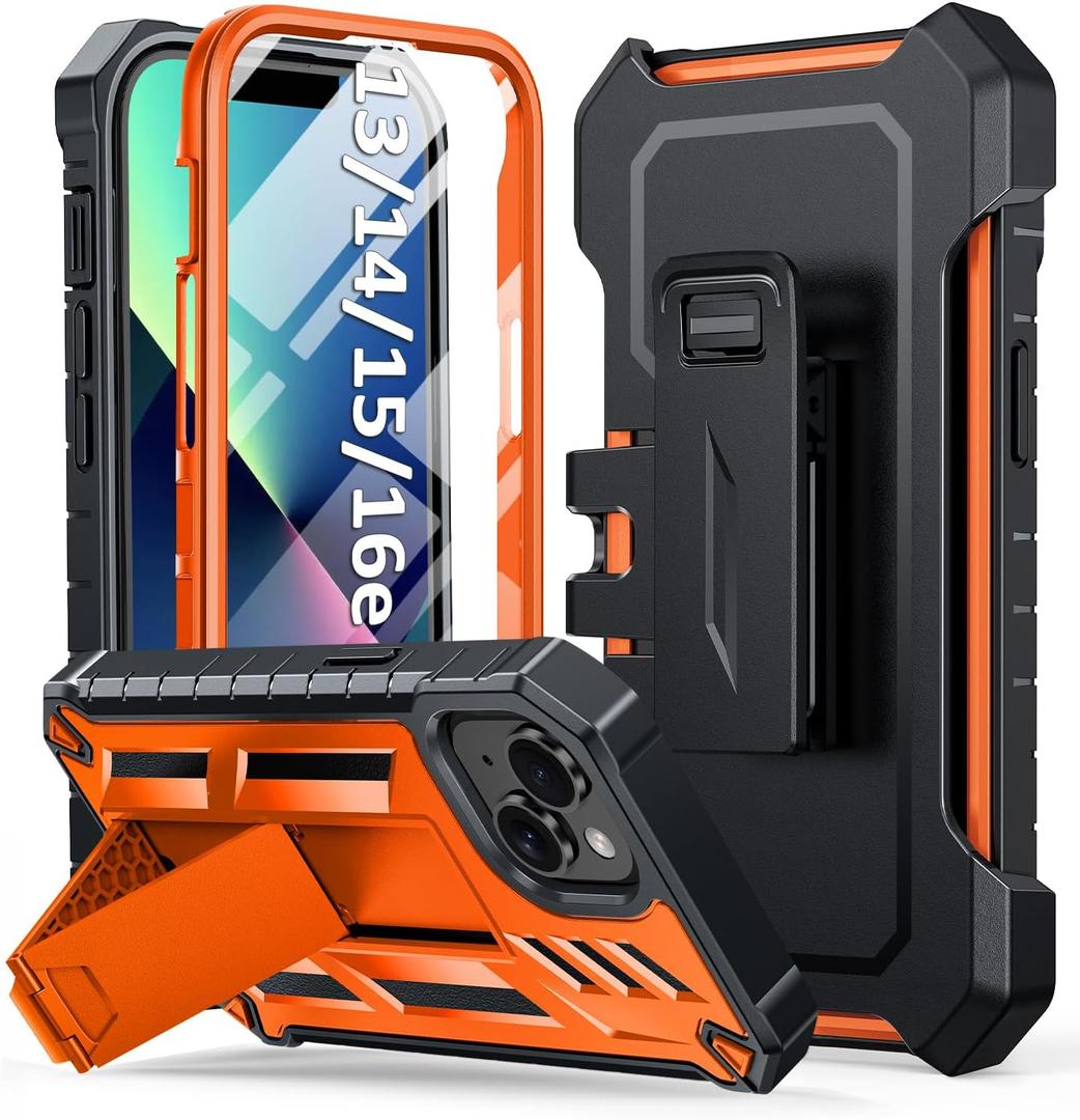 for iPhone 13/14/15 Phone Case: for iPhone 16e Protective Cover with Belt Clip Holster | Durable Dual-Layer Design with Built-in Kickstand | Heavy Duty Military Grade Hard Protection Shock Proof