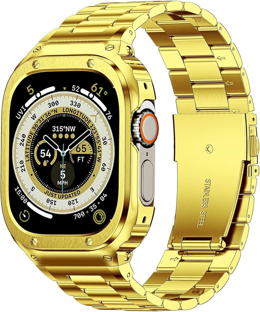 MioHHR Stainless Steel Band and Case Compatible with Apple Watch Band 49mm, Men Metal Protective Bumper Cover for iWatch Series Ultra 3/2/1, Gold