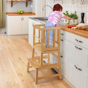 COSYLAND Kids Kitchen Step StoolToddler Standing Tower with CPC Certification, Removable Anti-Drop Railing Safety Rail Enjoys Unique Patented Design A Anti-tip Structure More Stable, Natural Bamboo
