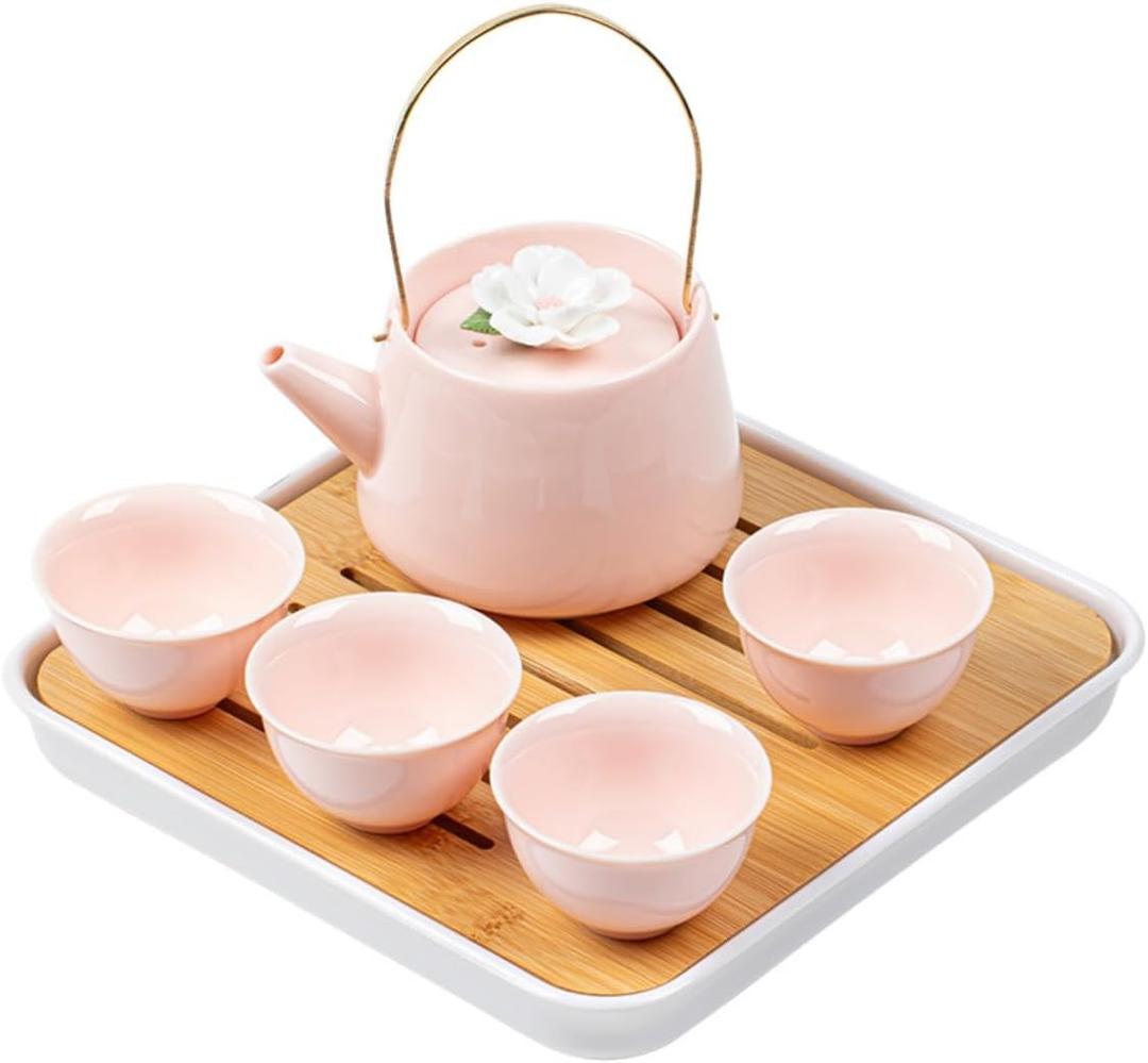 Japanese Porcelain Tea Set, Pink Kungfu Teapot Set with 1 Teapot, 4 Tea Cups, 1 Tea Tray, for Adults, Tea Lover/Women/Men/Office/Home (Pink)