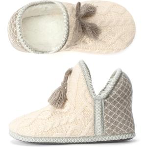 Women's Cozy Knit Slipper Boots Memory Foam Non-slip Indoor Outdoor Warm House Booties (7-8, Nordic Ivory)