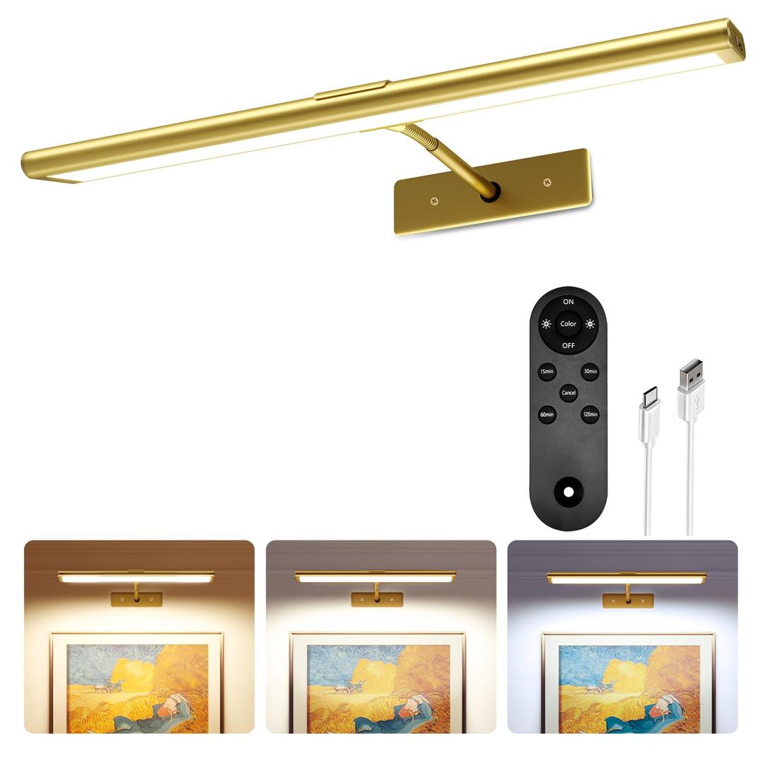 EZVALO Picture Light for Wall, 4800mAh Rechargeable Wireless Remote, 16in Dimmable Magnetic LED Art Display Light with 3 Color Temperatures, for Gallery, Living Room, Bedroom, Hallway (Gold)