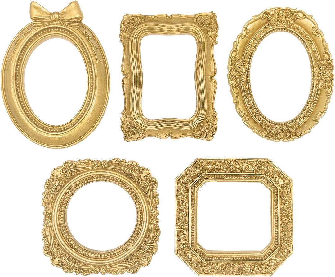 Small Picture Frames, Mini Gold Frames, Vintage Gold Frames, Table Top Decor, Magnetic Picture Frames for Refrigerator, Vintage Frame Set, Christmas Decor (5Pcs, Golden)