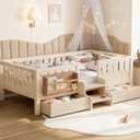 Bellemave Twin Size Kids Bed with high Rails and with Built-in Bookshelf and Drawers for Kids, Girls, Boys, Wood Montessori Bed Without Door, Beige