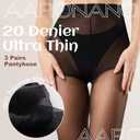 3 Pairs pantyhose for women20 Denier High Waist sheer tights (Black)