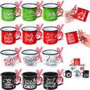 Sliner 12 Pcs Christmas Mini Coffee Mugs Bulk with Ribbon Plaid 8.5 oz Xmas Enamelware Metal Mug with Black Rim for Home Tiered Tray Table Kitchen Decoration Housewarming Gifts(Bright)