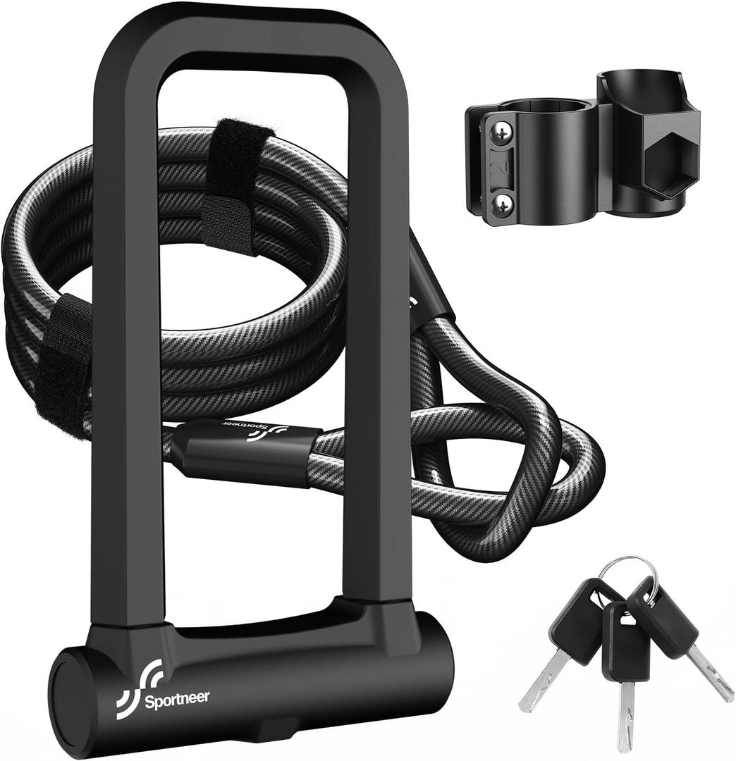 Sportneer Bike Lock: 18mm Heavy Duty Anti Theft Bike U Lock with 5ft Security Steel Cable - Shackle Bicycle U-Locks with 3 Keys & Mounting Bracket for Road Mountain Electric Bike, Size 8.58'' x 4.85''