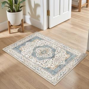 2x3 Washable Entryway Rug: Non-Slip Soft Small Indoor Area Rug for Bedroom Kitchen, Low Pile Stain-Resistant Durable Vintage Floral Carpet for Porch Laundry Kids Room Home Decor (Blue)