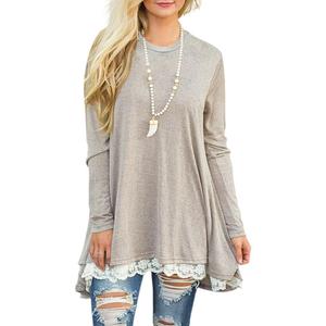 Women's Tops Long Sleeve Lace Scoop Neck A-line Tunic Blouse (Beige, M)