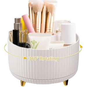 Amrules Makeup Brush Holder, Multi-angle Rotating Makeup Organizer, Multifunction Cosmetic Organizer for Bathroom Countertop, Bedroom Nightstand, Desktop, Makeup Desk Organizer, White