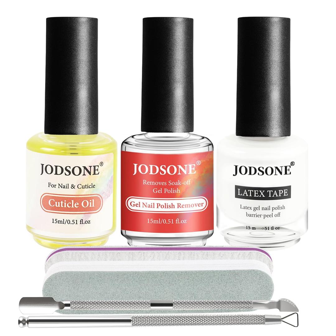 JODSONE Gel Nail Polish Remover Kit  Set with 15ml Gel Nail Polish Remover, Cuticle Oil and Latex Tape, and Complete Remover Manicure Tool Set, No Soaking