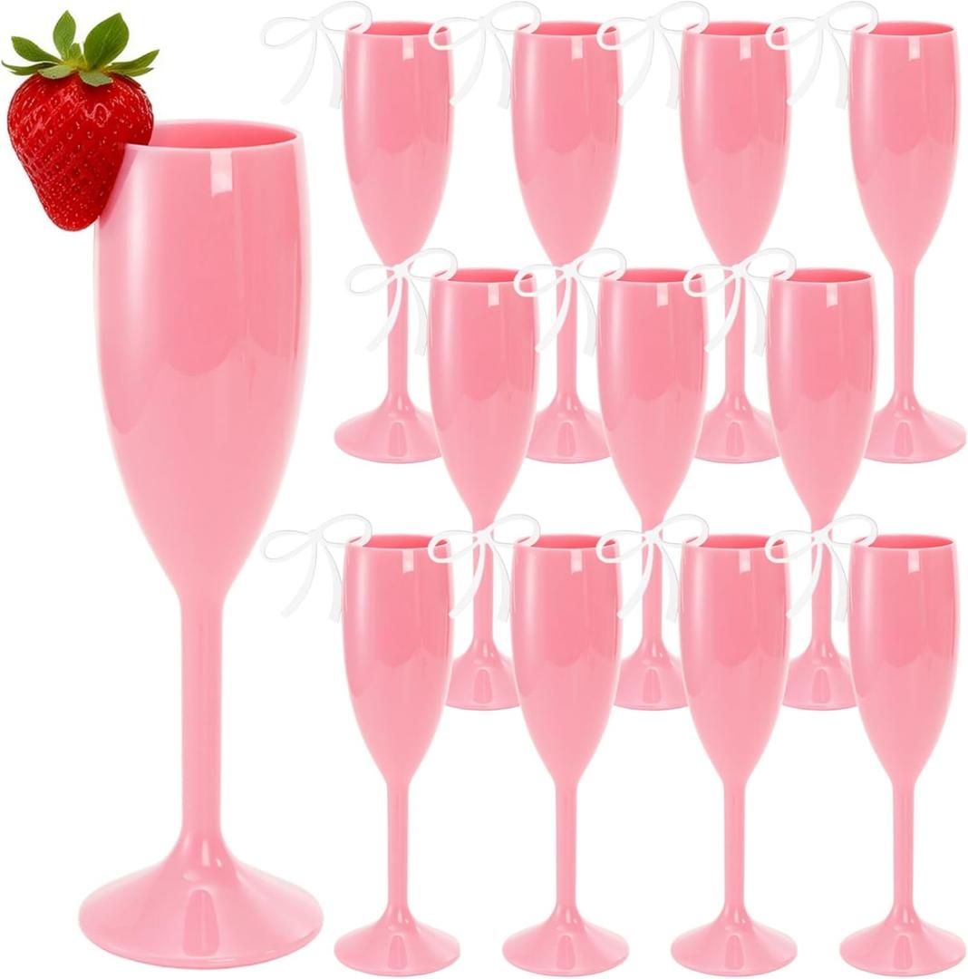 12 Pack Acrylic Champagne Flutes, 5.5 Oz Pink Wedding Toasting Glasses with Bows Drink Tags, Unbreakable Wine Drinking Goblet Champagne Stemmed Cups for Wedding Party Anniversary