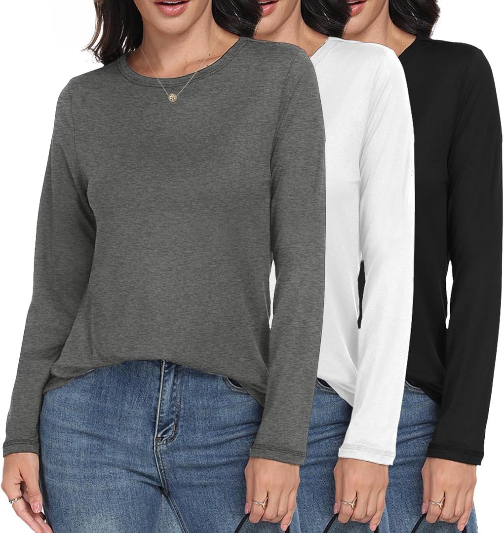 GAYHAY 3 Pack Long Sleeve Shirts for Women - Loose Fit Crew Neck Basic Tees Fall Tops Outfits Casual Clothes 2026 (X-Large, Black/White/Grey)