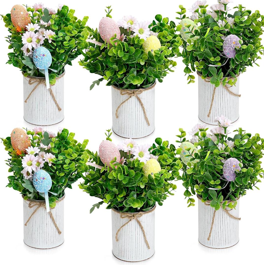 Spring Easter Table Decorations Centerpieces Set of 6 Pre-Made Eggs Tabletop Arrangements with Rustic Metal Vase for Farmhouse Dining Room Home Kitchen Indoor Party Office Decor