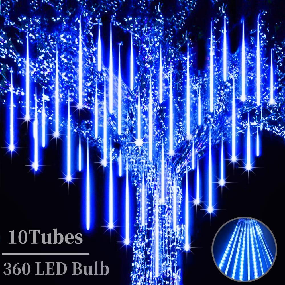 Christmas Meteor Shower Lights Outdoor - 12 Inch 10 Tube 360 LED High Brightness Falling Rain Icicle Cascading Lights for Xmas Tree Eaves Patio Decor (Can Connect 100 Sets)