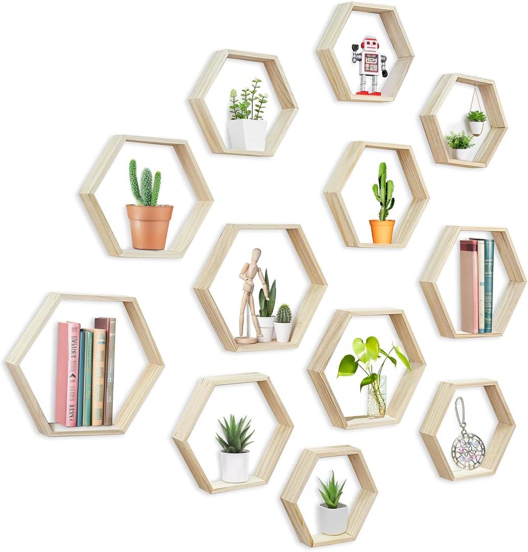 12 Pcs Wooden Hexagon Shelves, 3 Size Versatile Honeycomb Shelves Hexagon Floating Shelves for Wall Wedding Table Centerpieces Home Living Room Bedroom (11inch, 9.7inch, 8.5inch)