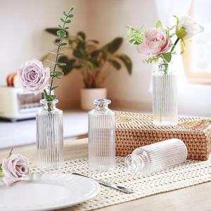 Honeydak Set of 24 Plastic Mini Bud Vases, Vintage Clear Decorative Vases Bulk for Table Centerpieces, Wedding Reception, Baby Shower, Home Decor, Housewarming Gift(Striped)