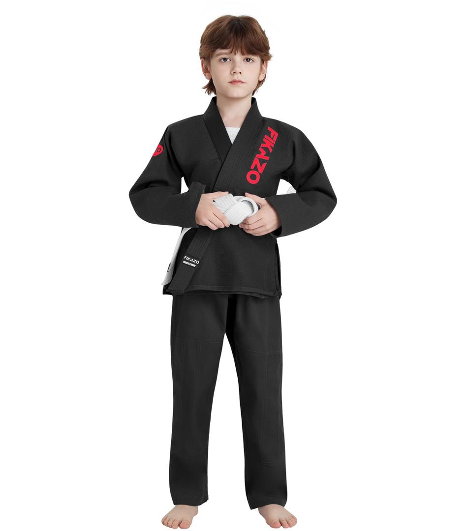 Fikazo Kids BJJ Gi | Brazilian Jiu Jitsu Uniform for Children Durable Pant & Jacket with Belt, One Size