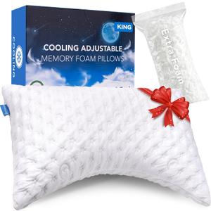 KUCEY Cooling Side Sleeper Pillow for Neck and Shoulder Pain, Luxury Shredded Memory Foam Curved Bed Pillows for Sleeping Set of 1- Adjustable King Size- Washable Cover Crescent White