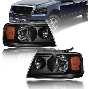 Headlights for 2004-2008 Ford F150 / 2006-2008 Lincoln Mark LT Pair Front Lights Replacement Headlamps Black Housing Amber Reflector