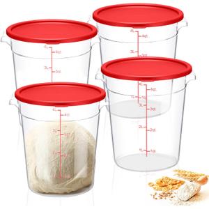 Suclain 4 Pcs 4 Qt Food Storage Container Bucket with Lids Clear Proofing Containers for Dough Rise Bread with Scale Handle Round Flour Commercial Storage Bucket for Home Restaurant Food(Red)
