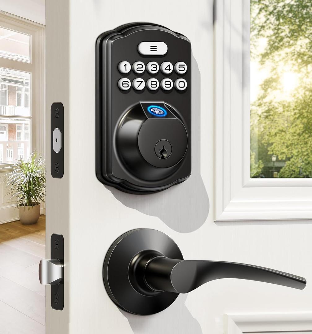 Veise Fingerprint Door Lock with 2 Lever Handles - Keyless Entry Door Lock, Electronic Keypad Deadbolt, Digital Smart Code & Front Handle Sets, Auto-Locking, Easy Installation, Matte Black