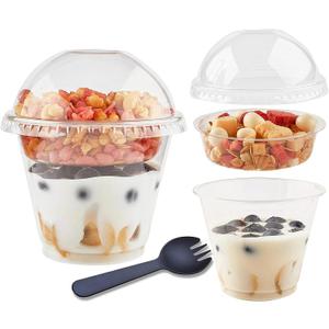 Zezzxu 50 Pack 9 oz Disposable Parfait Cups with Dome Lids No Hole, Toppings Compartment and Spork, Yogurt Conatiner with Granola Holder for Take Away Breakfast and Snacks, No Leaking