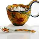 Sunflower Pattern Ceramic Soup Bowls with Handles - Decorative Soup Bowl Set for Breakfast Cereal/Yogurt (Including Spoon)