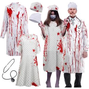 Halloween Unisex Hospital Gown - Bloody Pattern Printed Doctor and Patient Gown Costumes 2026 with Blood Gauze Roll Halloween Couples Costume Set for Scary Cosplay Party Men Women Costume