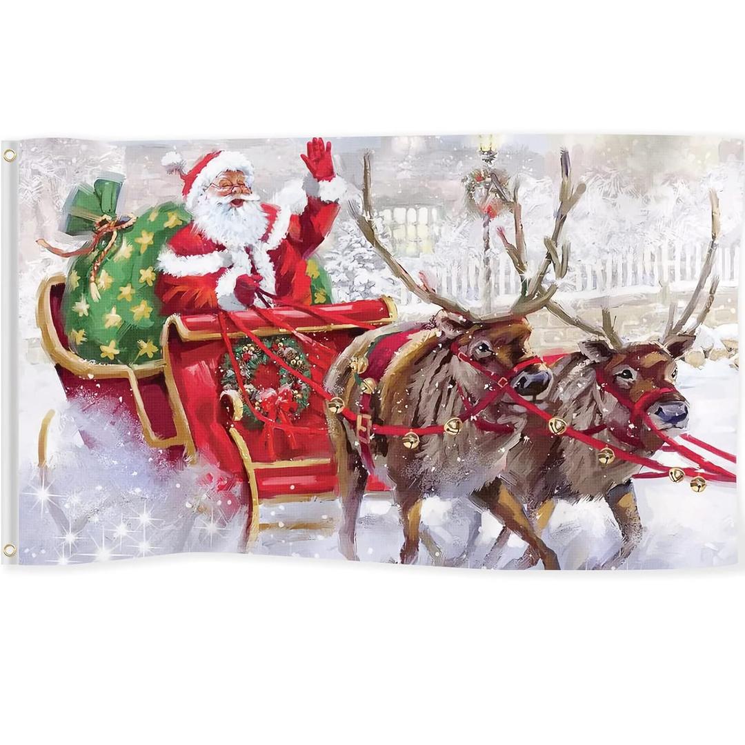 Christmas Flag 3x5 Ft Santa Claus Decorations Double Printed Yard Signs Winter Snow Sleigh Deer village Xmas Party Supplies Wall Decor Backdrop for Outdoor Indoor Home Garden Lawn Garage