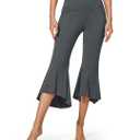 Capri Pants for Women Stretch Yoga Dress Pants with Pockets Ruffle Bell Bottom Athletic Work Leggings L