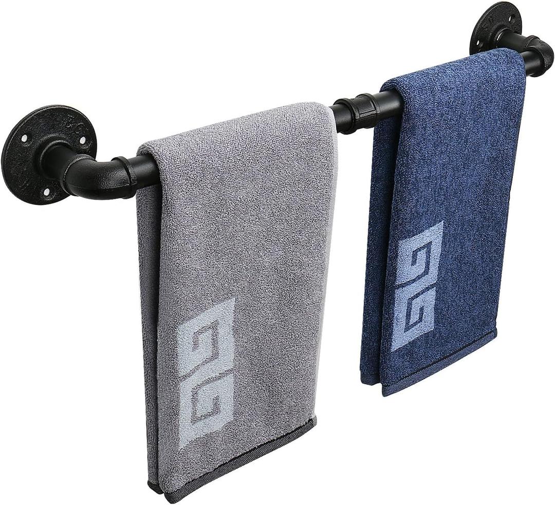NearMoon Industrial Pipe Towel Bar, Heavy Duty Bathroom Hardware Towel Holder Accessory, Wall Mounted DIY Rustic Iron Bathroom Towel Rack Holder (18 Inch, Black)
