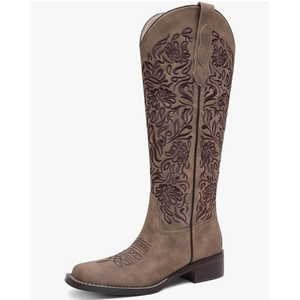 Women's Embroidered Cowboy Boots Knee High Cowgirl Riding Boots Low Block Heel Comfortable Pull On Western Square Toe Tall Boots 9