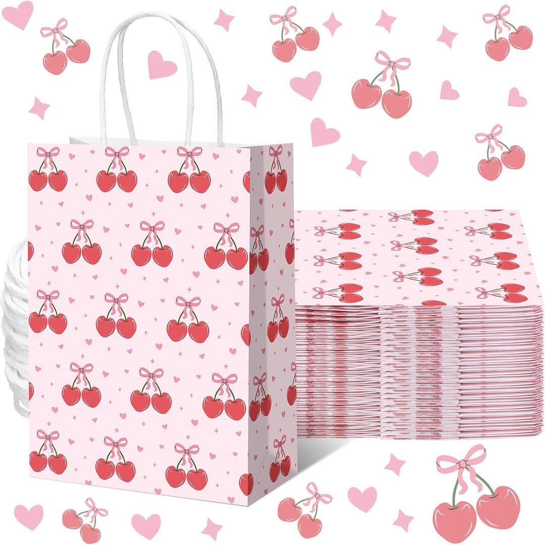 Kolldenn 16 Pcs Coquette Cherry Bow Paper Gift Bags Women Valentine Galentine Birthday Favor Goodie Candy Bags with Handles for Bridal Engagement Baby Shower Party Supplies (Pink)
