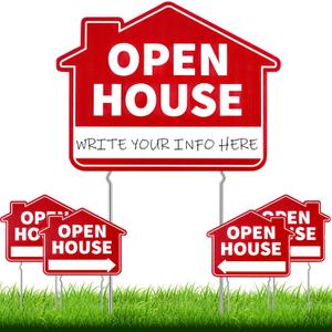 Queekay 5 Pack Open House Yard Signs with Metal Stakes for Real Estate 16 x 12 Large Double Sided Weather Proof Open House Signs with Directional Arrows Real Estate Agent Supplies(Red)