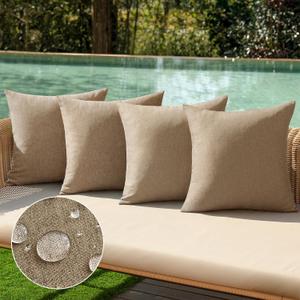 MIULEE Pack of 4 Decorative Outdoor Throw Pillow Covers Linen Waterproof Pillow Covers Farmhouse Cushion Cases for Patio Garden Tent Balcony Couch Sofa 16x16 inch Khaki