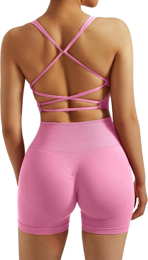 RXRXCOCO Seamless Workout Sets for Women 2 Piece Strappy Sports Bras Scrunch Butt Booty Shorts Matching Yoga Tracksuits (Small, Light Pink)