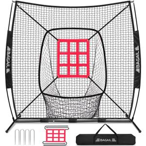 BAGAIL 7x7 ft Baseball & Softball Practice Net with Bow Frame for Batting, Hitting, Pitching, Portable Baseball Throwing Net with Strike Zone, Carry Bag, Baseball Training Aid for All Levels