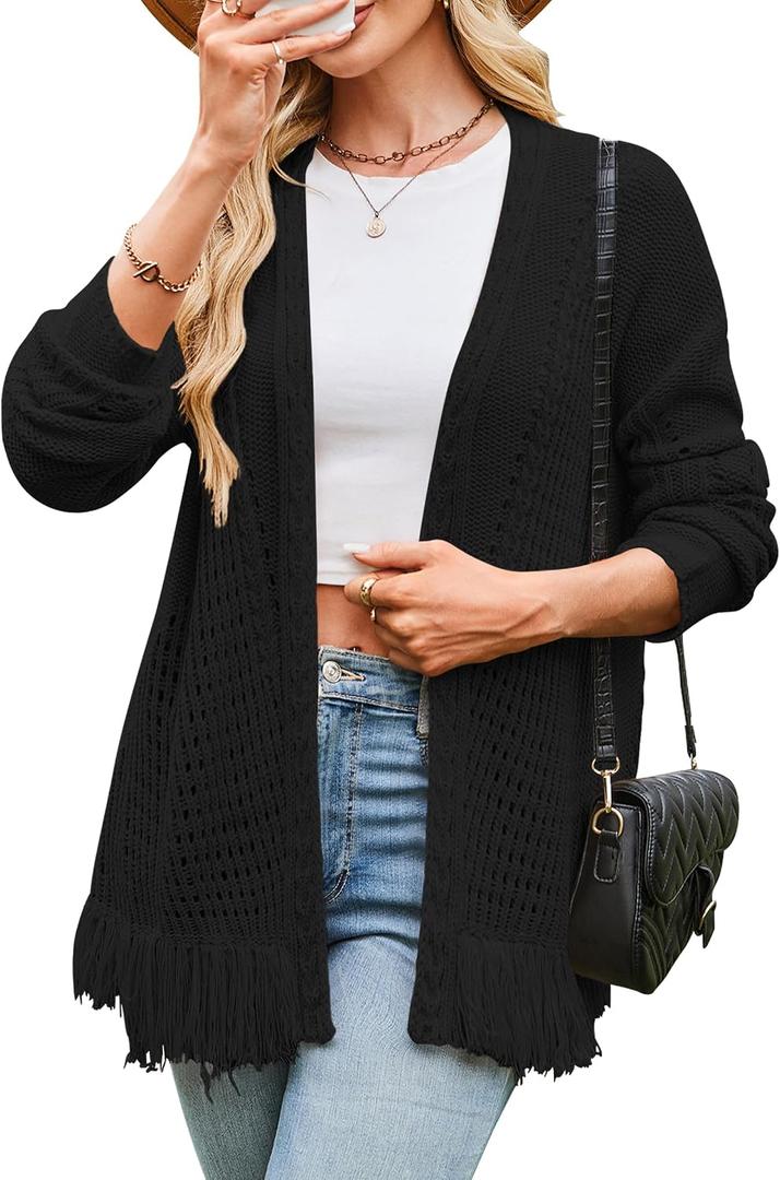 Cakulo Womens Crochet Fringe Cardigan Sweaters Oversized Lightweight Fall Open Front Cable Knit Cardigans 2025 (Black, M)