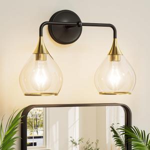 TETOTE 2-Light Modern Bathroom Light Fixtures, 2 Light Vanity Lights Over Mirror Black & Gold Wall Lamp with Clear Glass for Bathroom, Mirror, Living Room, Bedroom, Hallway