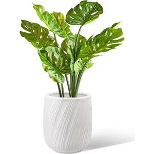 KERUITA 12.5 Inch Height White Ceramic Flower Pot with Wavy Pattern, Drainage Hole, Mesh Pad & Stopper  Large Decorative Indoor Planter for Modern Home Office  No Tray