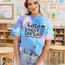 Hello Kindergarten Teacher Shirt Women First Day of Kindergarten Shirt Casual Short Sleeve Tee Top Blouse Blue Pink (M)
