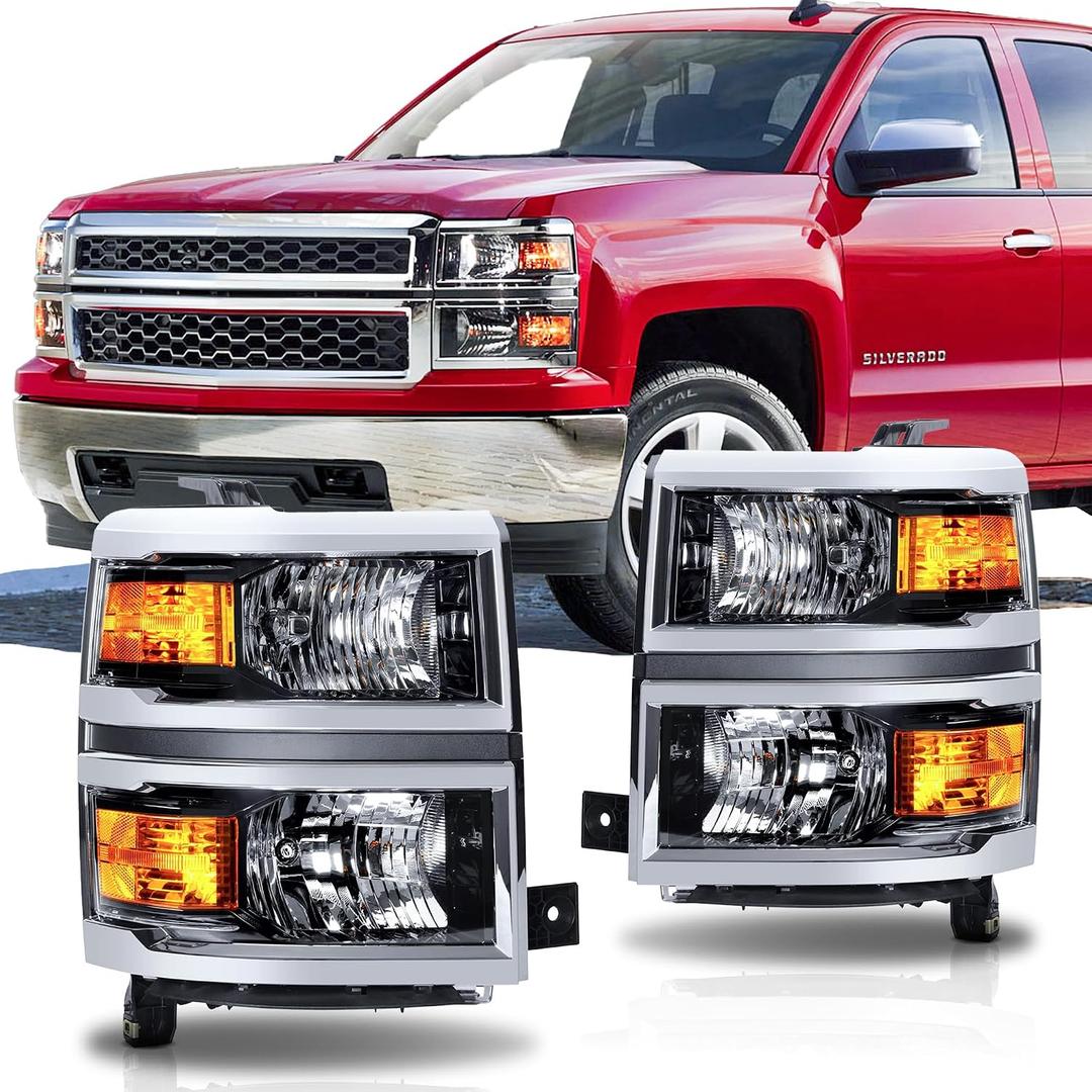 Headlight Assembly Compatible with 2014 2015 Chevy Silverado 1500 Replacement Headlamp Chrome Housing Black Trim