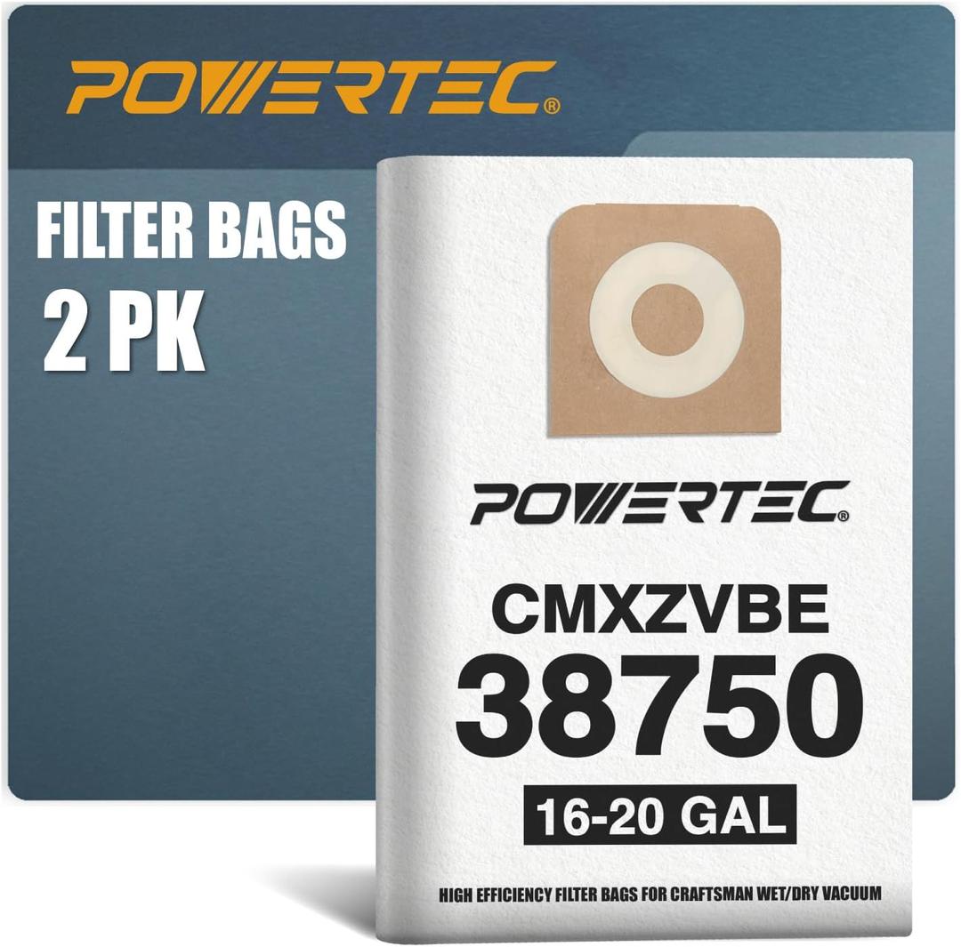 POWERTEC CMXZVBE38750 Vacuum Bags for Craftsman 38750 2PK, for Craftsman CMXEVBE 17595, 17607, 18595, 18695, 17596, 17656, 16 to 20 Gallon Replacement Dust Collection Bags, Shop Vacuum Bags (75069)