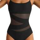 Womens Mesh One Piece Swimsuit Tummy Control Bathing Suit Sexy Push Up Swim Suit Slimming Swimwear (Large, Black)